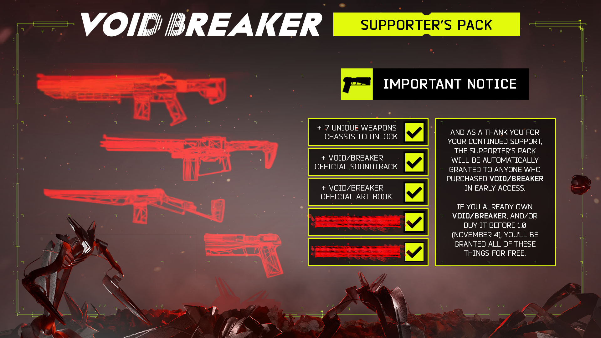 VOID/BREAKER Supporter's Pack contents and free entitlement for Early Access owners