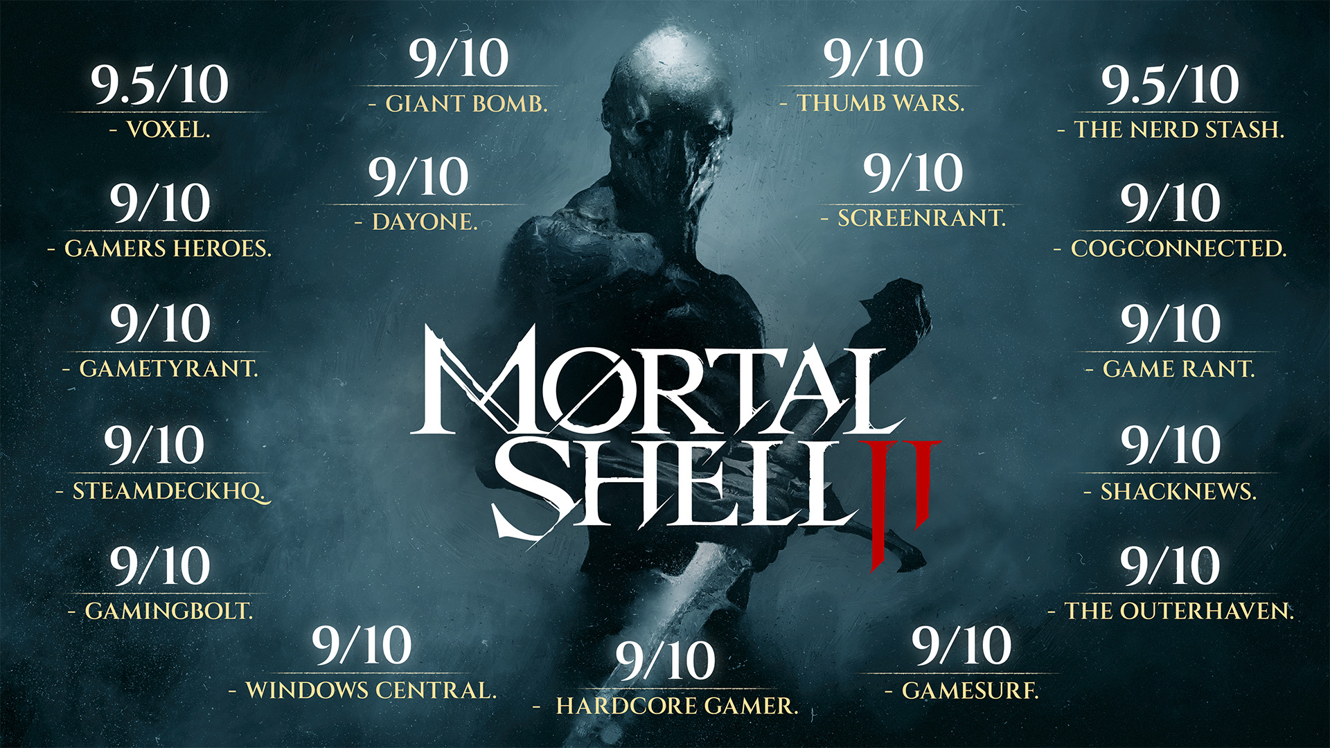 Mortal Shell II accolades artwork featuring critic quotes